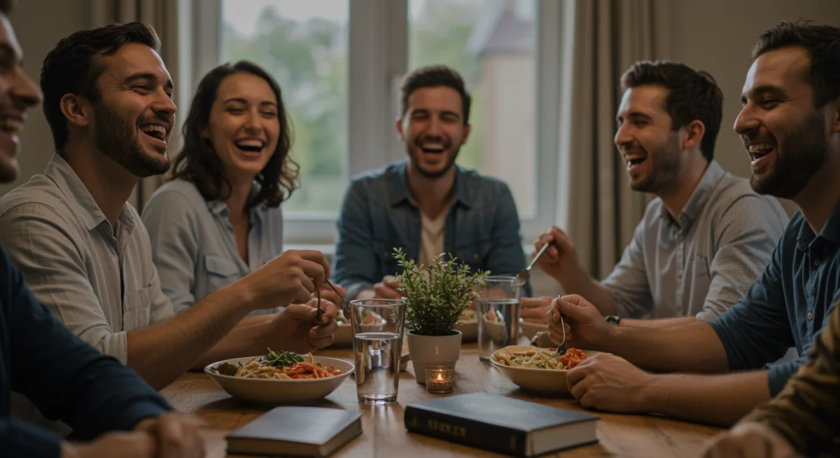 Grupo de amigos rindo e compartilhando uma refeição, com uma Bíblia próxima, simbolizando a alegria e a comunhão em amizades.