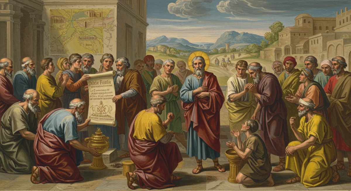 Representação dos apóstolos espalhando a mensagem cristã após Pentecostes, batizando pessoas e fundando as primeiras comunidades, mostrando o impacto de sua missão.