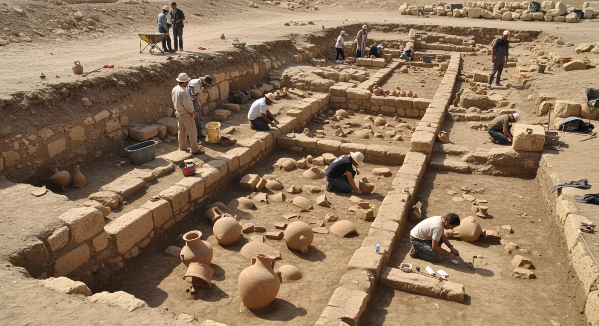 Arqueólogos em escavação cuidadosa, desenterrando artefatos antigos que remetem a cidades bíblicas.