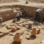 Arqueólogos em escavação no Oriente Médio desvendando artefatos antigos que podem confirmar relatos bíblicos.