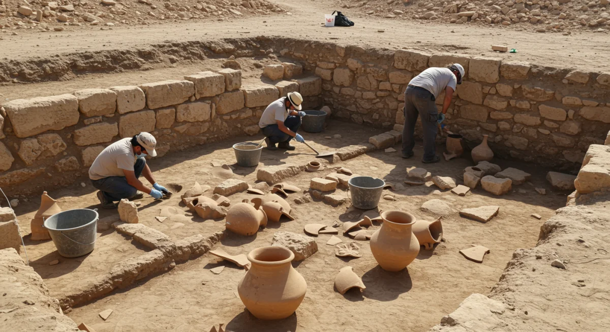 Arqueólogos em escavação no Oriente Médio desvendando artefatos antigos que podem confirmar relatos bíblicos.