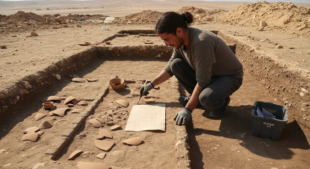 Arqueólogo escavando cuidadosamente um sítio antigo no Oriente Médio, revelando artefatos históricos.