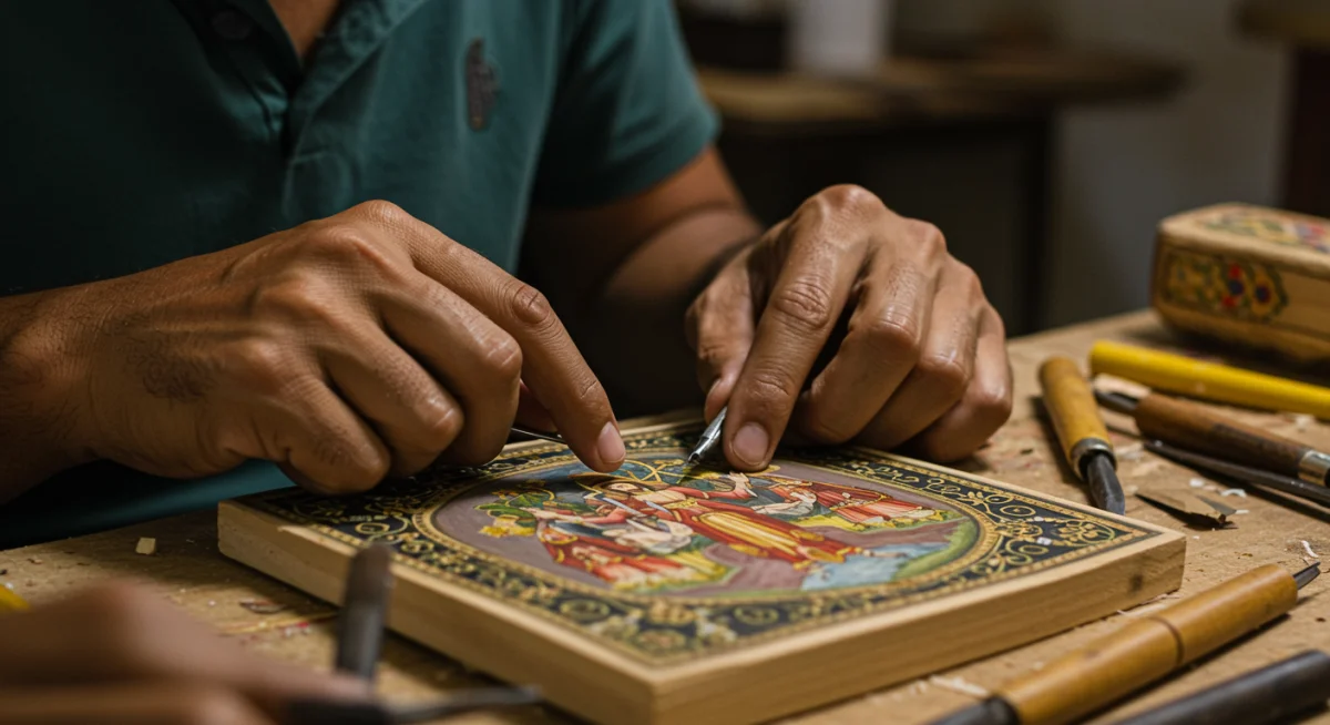 Artesão brasileiro esculpindo uma obra de arte religiosa, demonstrando a influência bíblica na arte nacional.