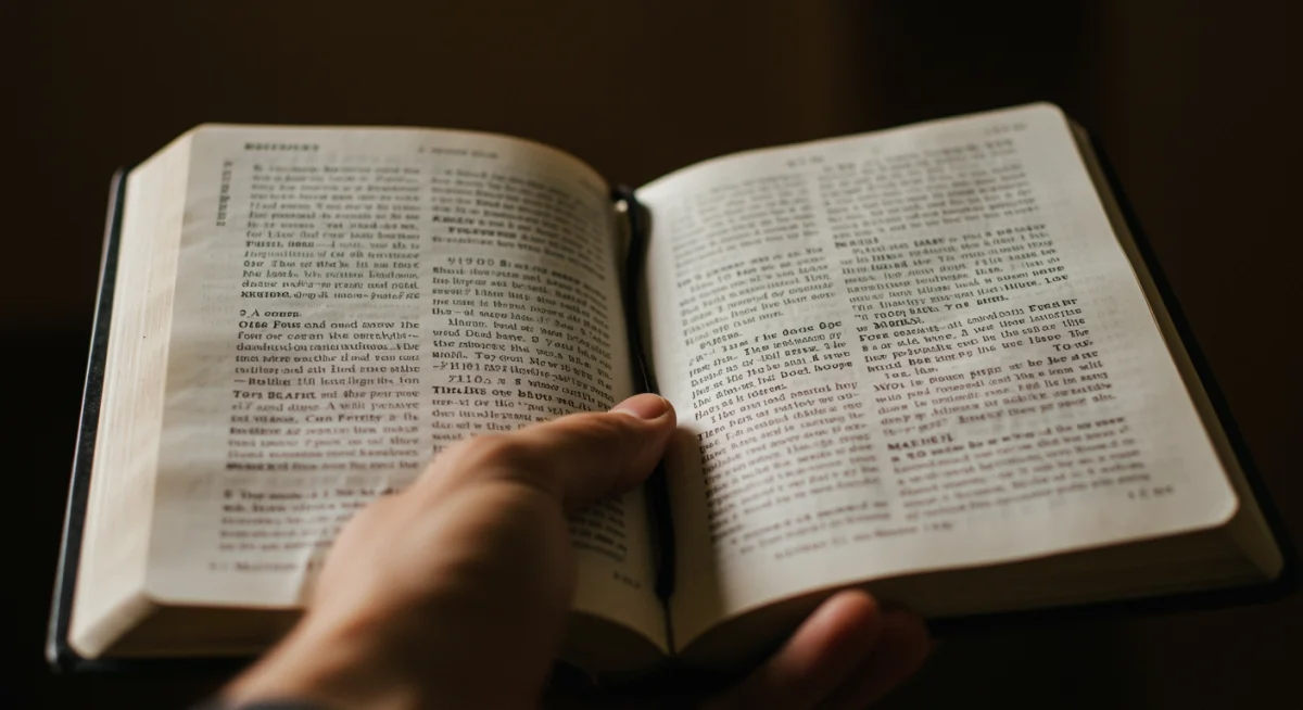 Mãos segurando uma Bíblia aberta nas páginas das Bem-Aventuranças, com a luz suave iluminando o texto sagrado, representando a profundidade dos ensinamentos de Jesus.
