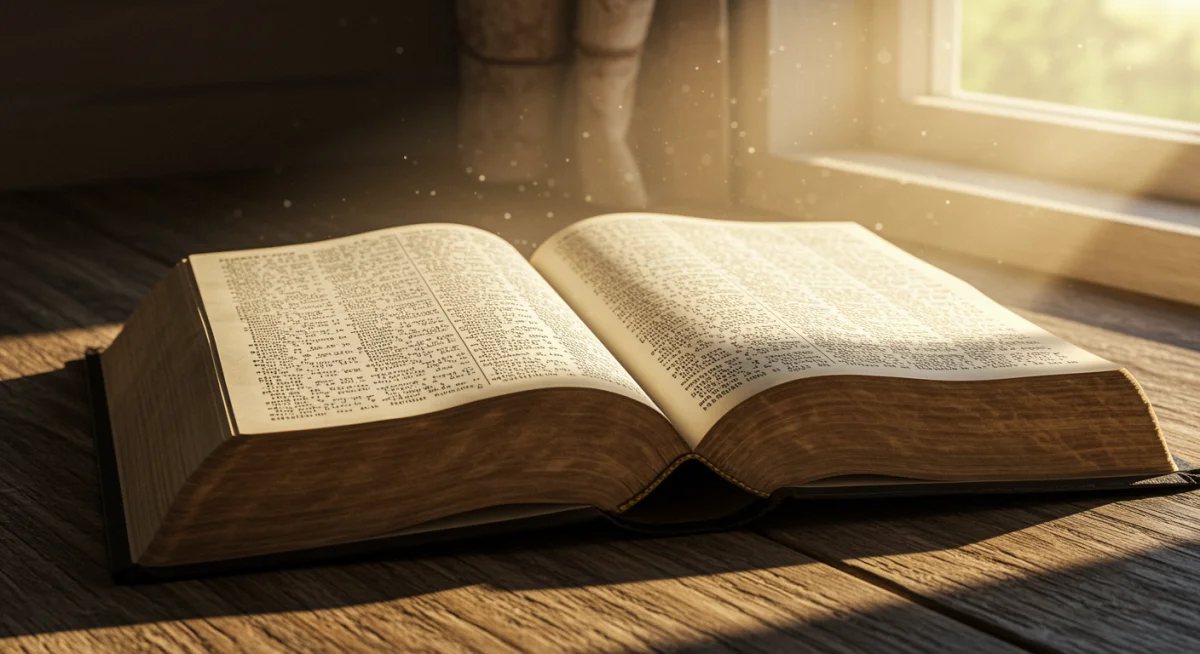 Bíblia antiga aberta em uma mesa de madeira, iluminada por um raio de sol, criando um ambiente de paz e contemplação.