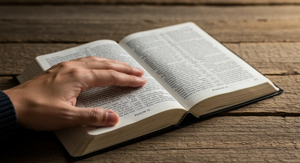 Bíblia aberta com uma mão sobre um versículo que fala sobre o perdão de Deus.