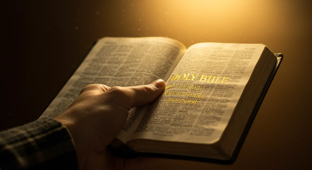 Mão segurando uma Bíblia aberta com versículos destacados, sob uma luz suave, simbolizando reflexão espiritual.