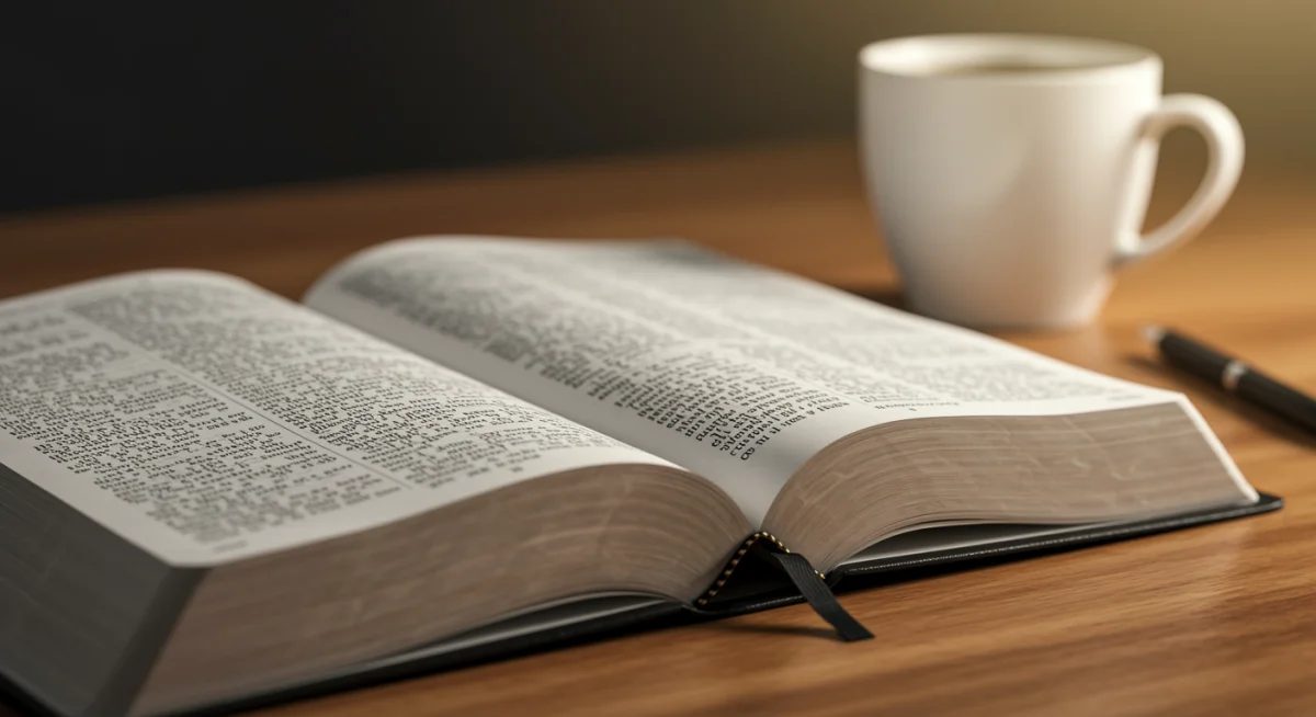 Bíblia aberta e café em mesa de madeira, representando estudo e reflexão matinal.
