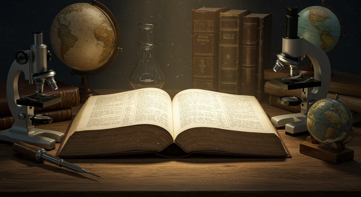 Bíblia aberta sob luz, com instrumentos científicos ao fundo, simbolizando a união entre fé e ciência.