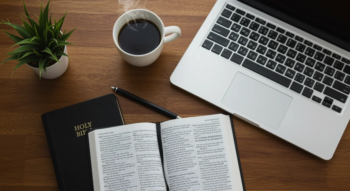 Bíblia aberta ao lado de um notebook em uma mesa de trabalho, simbolizando fé na carreira.