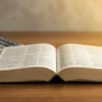 Bíblia aberta sobre uma mesa de madeira com calculadora e planta, simbolizando sabedoria financeira.