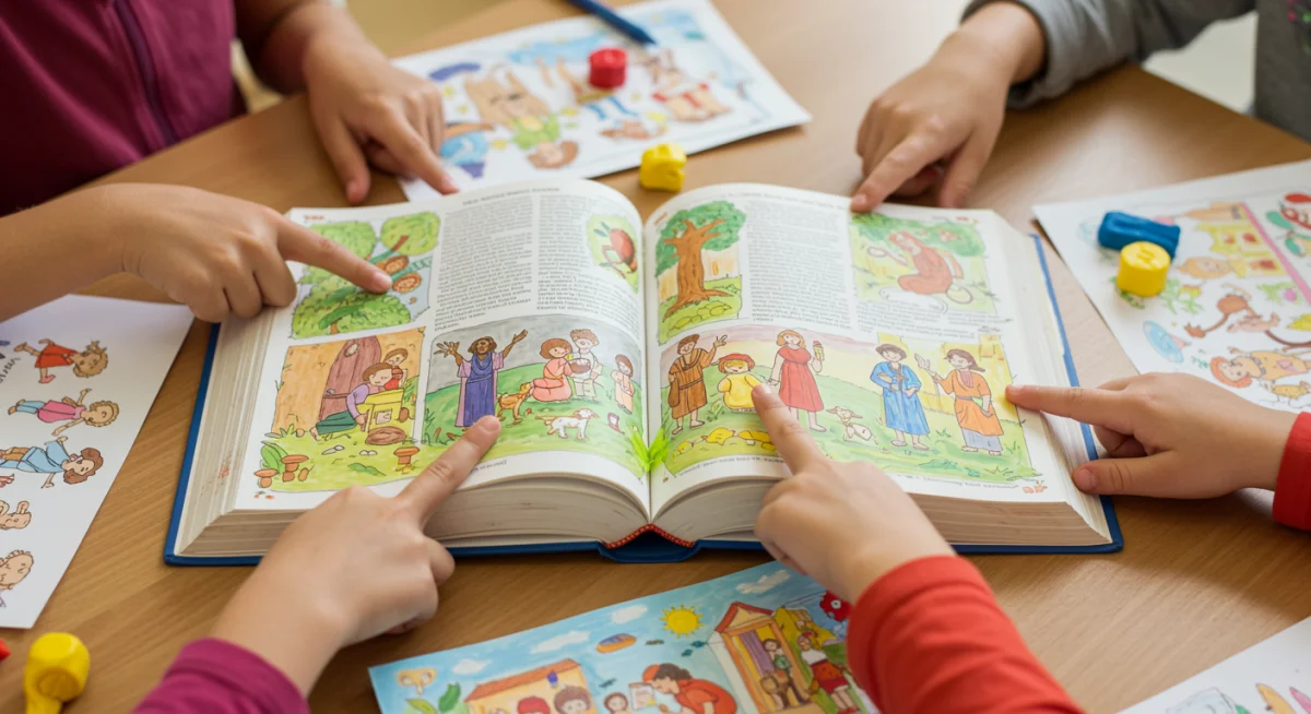 Bíblia infantil ilustrada em uma mesa, com mãos de crianças apontando e interagindo.