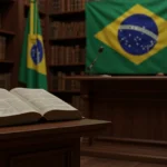 Bíblia aberta em uma biblioteca jurídica, simbolizando a influência nas leis brasileiras.