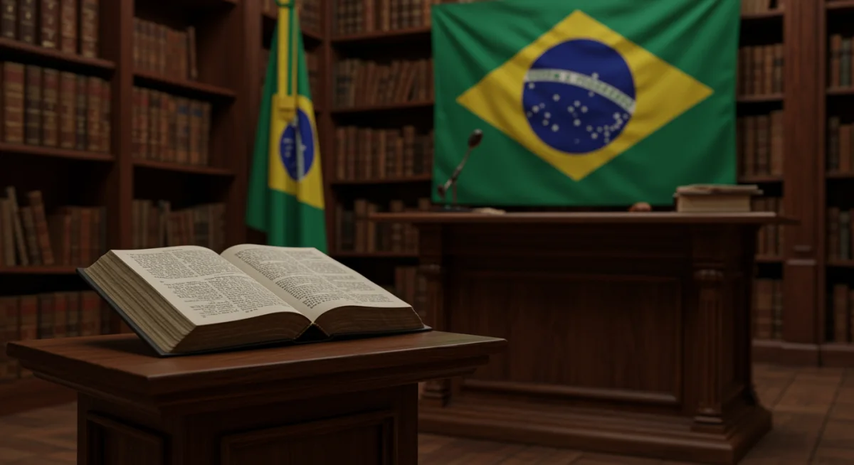 Bíblia aberta em uma biblioteca jurídica, simbolizando a influência nas leis brasileiras.