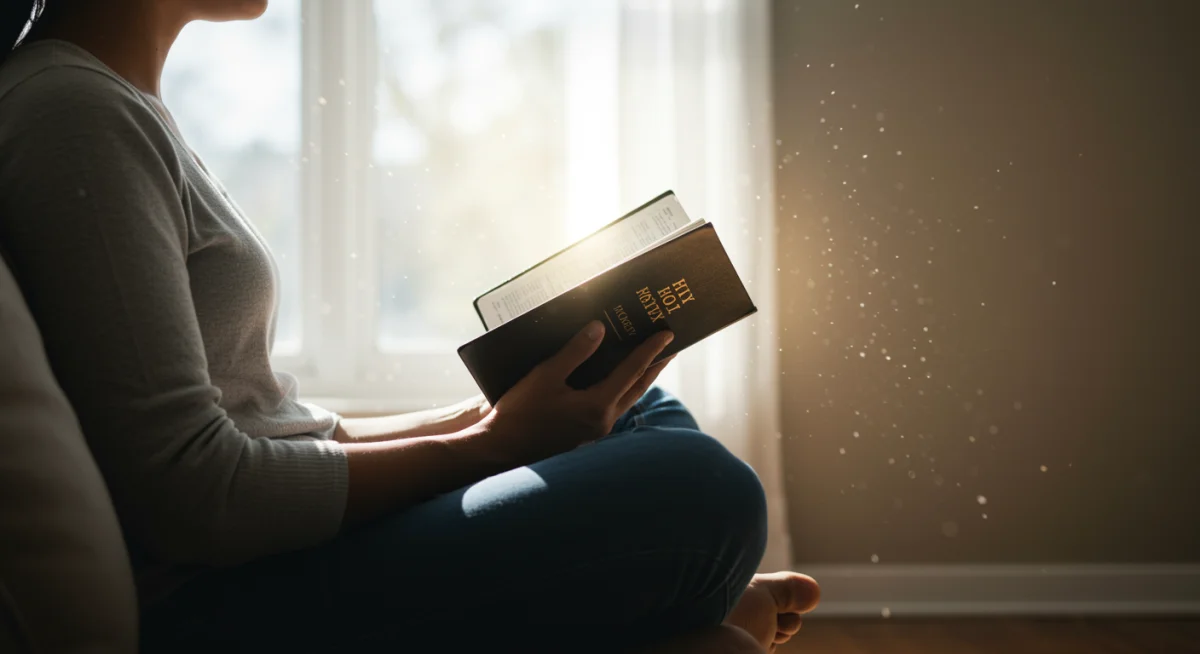 Pessoa lendo a Bíblia em um ambiente tranquilo, simbolizando paz e alívio da ansiedade.
