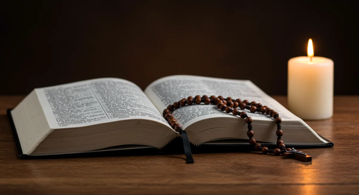 Bíblia aberta com terço e vela acesa, simbolizando devoção e estudo da fé.