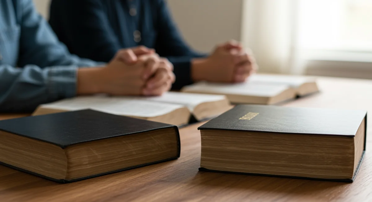 Duas Bíblias abertas sobre uma mesa com mãos unidas em oração, simbolizando o fundamento bíblico da oração em concordância.