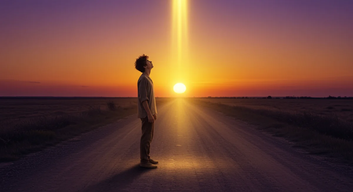 Pessoa em uma encruzilhada, sendo guiada por uma luz celestial, representando a sabedoria na tomada de decisões.