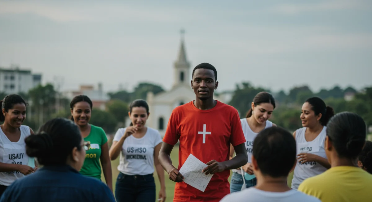 Pessoas em trabalho voluntário, com referência religiosa ao fundo, representando caridade e assistência social.