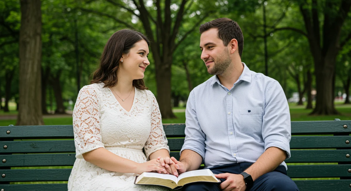 Casal em um banco de parque, de mãos dadas, com uma Bíblia aberta, representando a conexão e o amor no relacionamento.