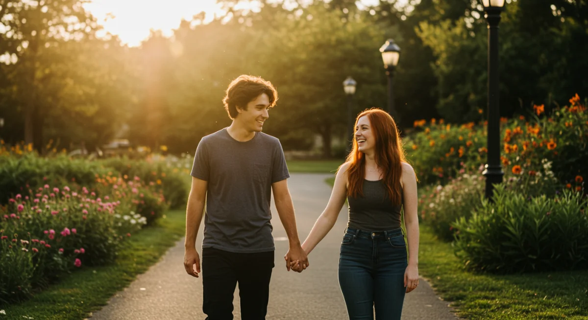Casal de mãos dadas, representando o amor encontrado e a união abençoada.
