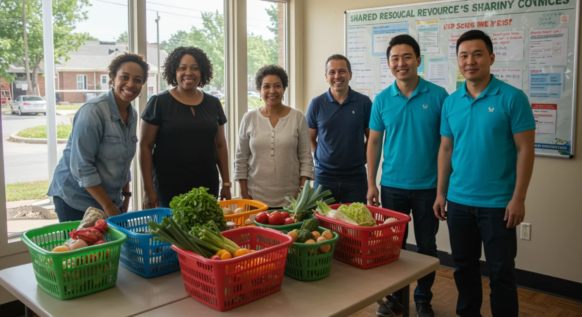 Comunidade cristã compartilhando recursos e praticando a generosidade, ilustrando princípios de mordomia financeira.
