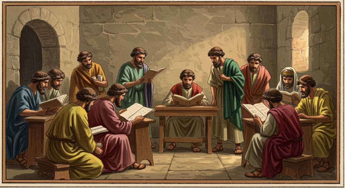 Comunidade cristã primitiva reunida, lendo escrituras e discutindo ensinamentos, simbolizando a formação do Novo Testamento.