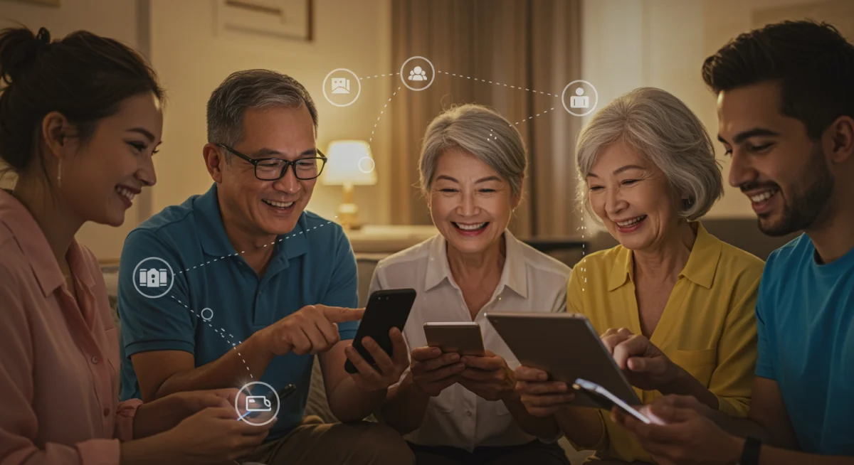 Grupo de pessoas interagindo com aplicativos bíblicos, simbolizando comunidade e estudo colaborativo.