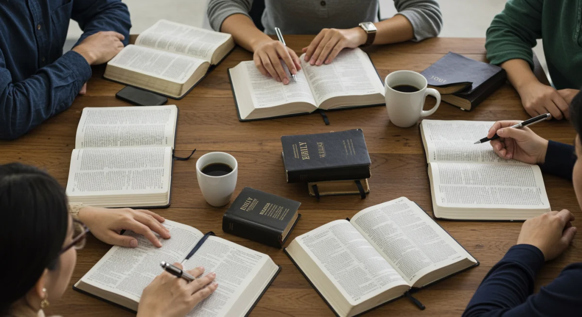Grupo de pessoas em um estudo bíblico comunitário, compartilhando insights de suas Bíblias comentadas.