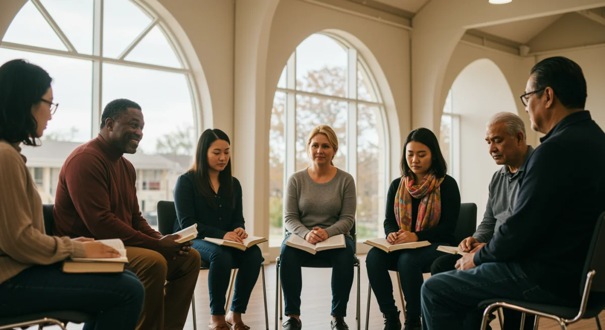 Comunidade cristã unida em oração e estudo bíblico, buscando apoio contra o estresse.