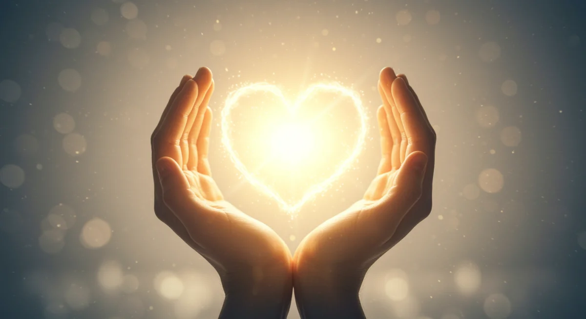 Coração de luz emergindo de mãos abertas, simbolizando a abertura para o amor divino.