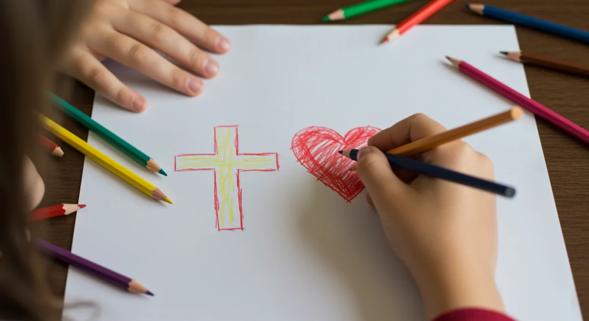 Criança desenhando símbolos religiosos, representando a fé e aprendizado espiritual infantil.