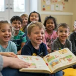 Crianças ouvindo histórias da Bíblia com atenção e alegria, aprendendo valores cristãos.