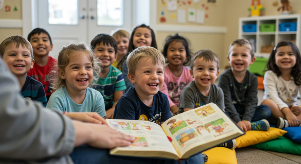 Crianças ouvindo histórias da Bíblia com atenção e alegria, aprendendo valores cristãos.