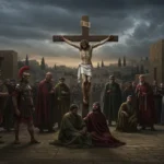 Representação histórica e solene da crucificação de Jesus Cristo, com soldados romanos e uma multidão entristecida ao fundo, sob um céu nublado em Jerusalém antiga.