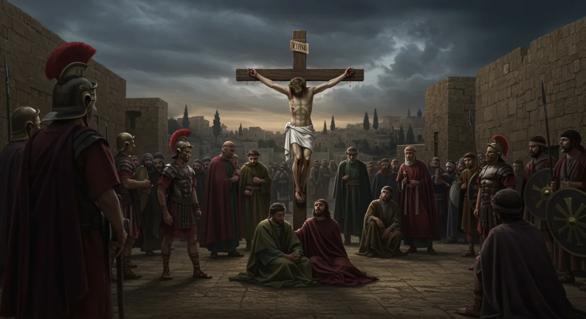Representação histórica e solene da crucificação de Jesus Cristo, com soldados romanos e uma multidão entristecida ao fundo, sob um céu nublado em Jerusalém antiga.