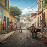 Bíblia e Cultura Brasileira: 10 Impactos Essenciais em 2024 Pessoas em uma rua vibrante do Brasil, com elementos culturais que remetem à influência bíblica na sociedade contemporânea.