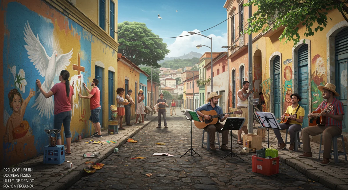 Pessoas em uma rua vibrante do Brasil, com elementos culturais que remetem à influência bíblica na sociedade contemporânea.
