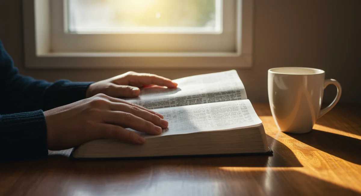 Mãos segurando uma Bíblia aberta durante o devocional da manhã, com a luz do sol entrando pela janela.