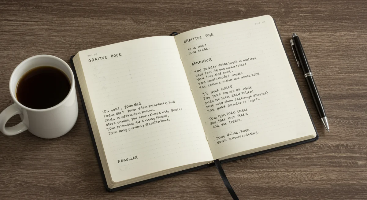 Diário de gratidão aberto sobre uma mesa, simbolizando a prática de registrar as bênçãos diárias.