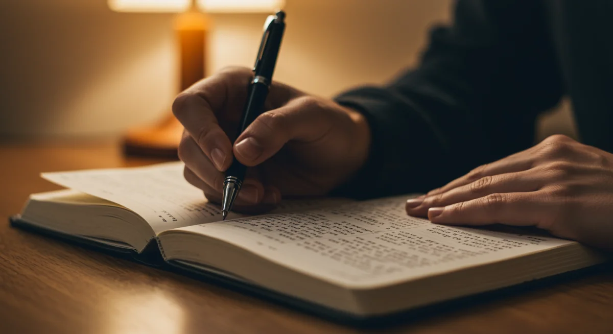Pessoa escrevendo em um diário de oração para registrar conversas com Deus.