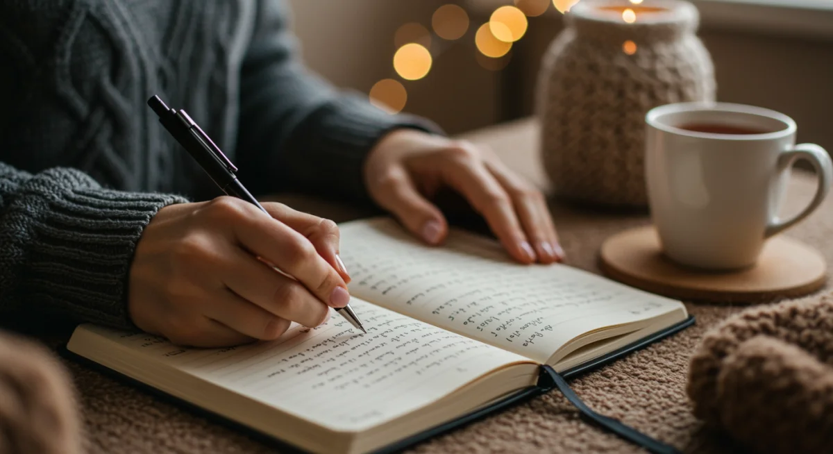 Pessoa escrevendo em diário de gratidão, com xícara de chá, simbolizando reflexão e apreciação.