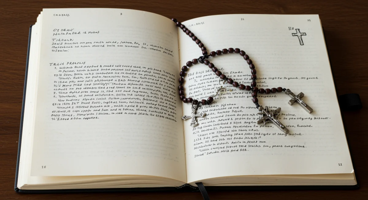 Diário com orações e um terço, simbolizando a jornada de fé e a prática espiritual pessoal.