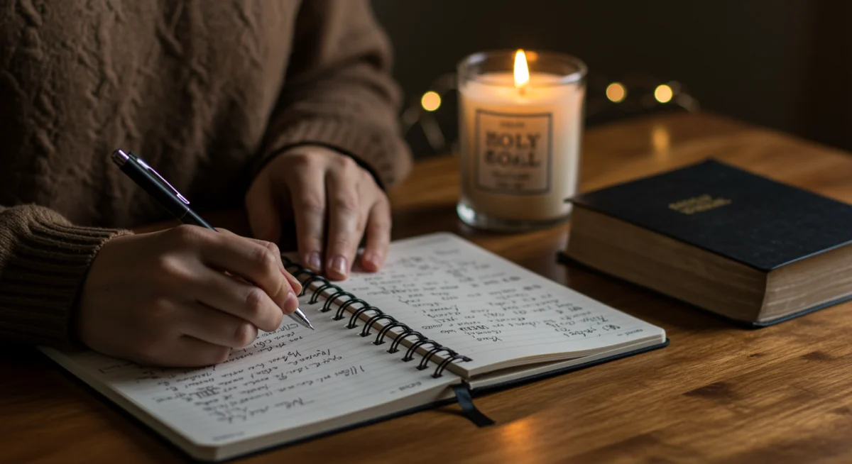 Pessoa escrevendo metas em diário, com vela e Bíblia, simbolizando planejamento e espiritualidade.
