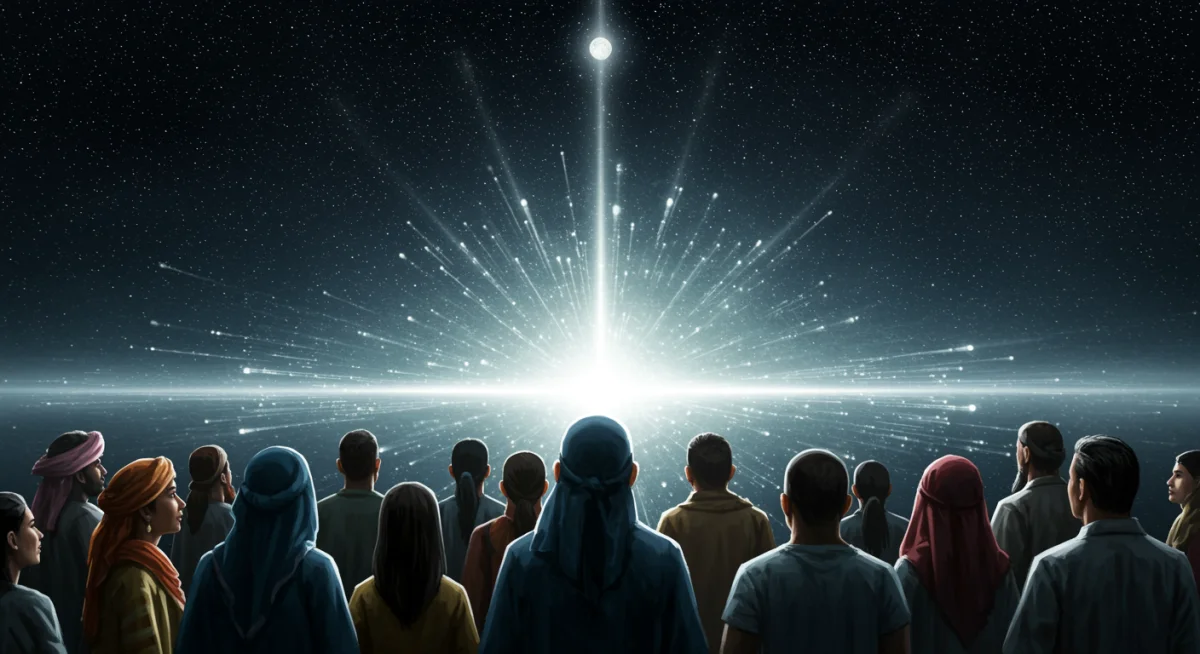 Pessoas diversas olhando para uma luz, simbolizando a esperança e a providência divina no futuro tecnológico.