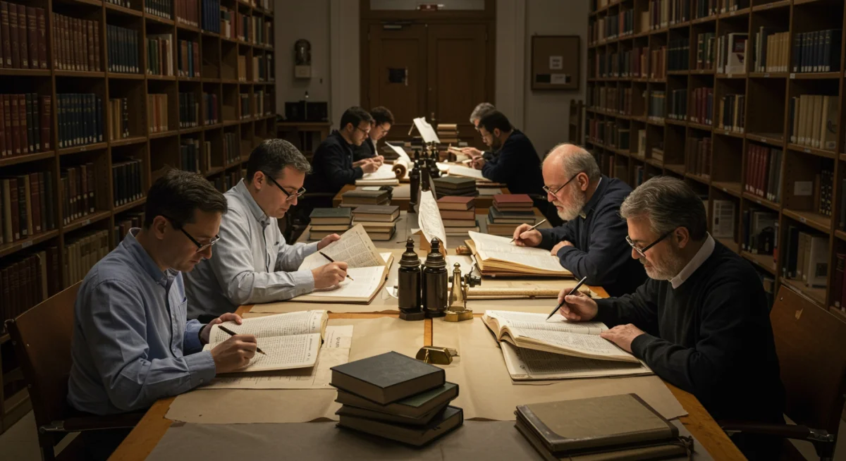 Estudiosos analisando manuscritos antigos para novas traduções da Bíblia.