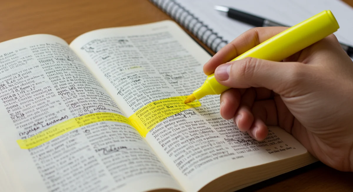 Mão destacando um versículo na Bíblia aberta, com anotações em um caderno, representando o estudo aprofundado.