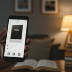 Pessoa estudando a Bíblia em um aplicativo no smartphone, com ambiente de estudo moderno ao fundo.