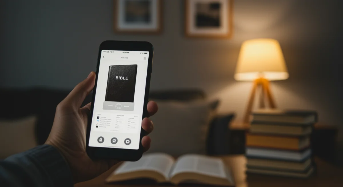 Pessoa estudando a Bíblia em um aplicativo no smartphone, com ambiente de estudo moderno ao fundo.