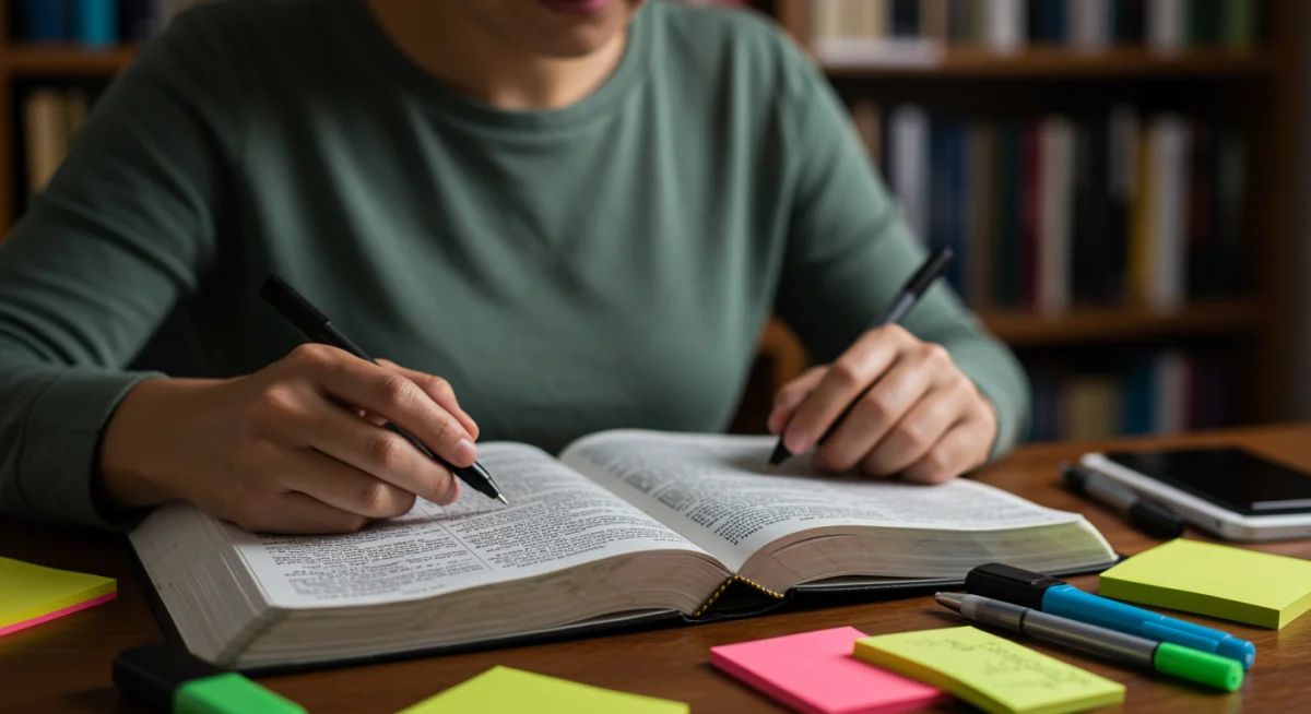 Pessoa estudando atentamente uma Bíblia comentada com marcadores e anotações.